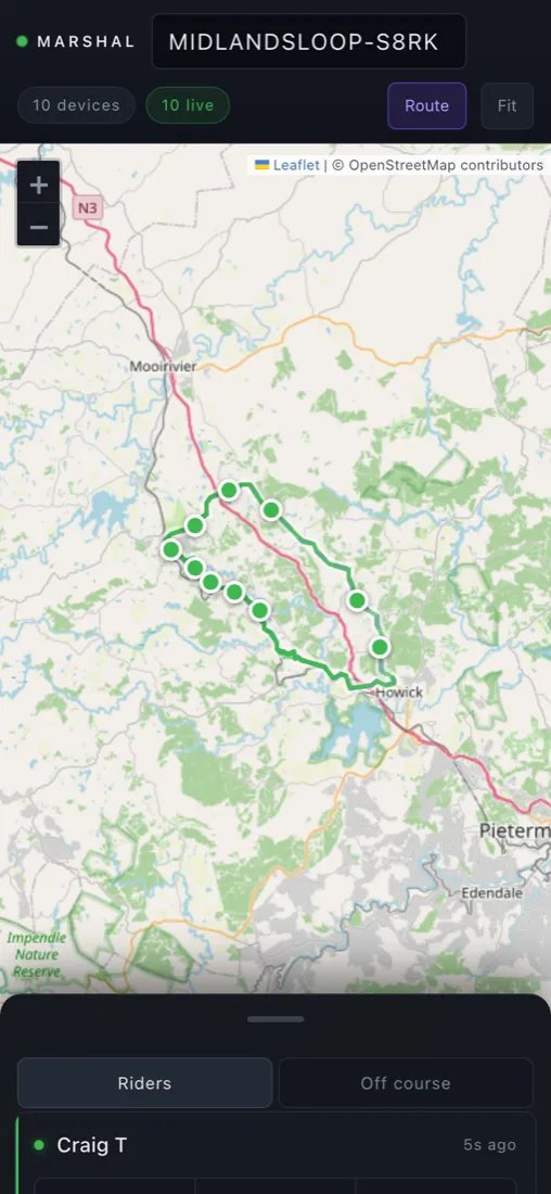 Marshal on a phone: a full-screen map of the route with ten riders on it, and the rider list as a pull-up sheet at the bottom.